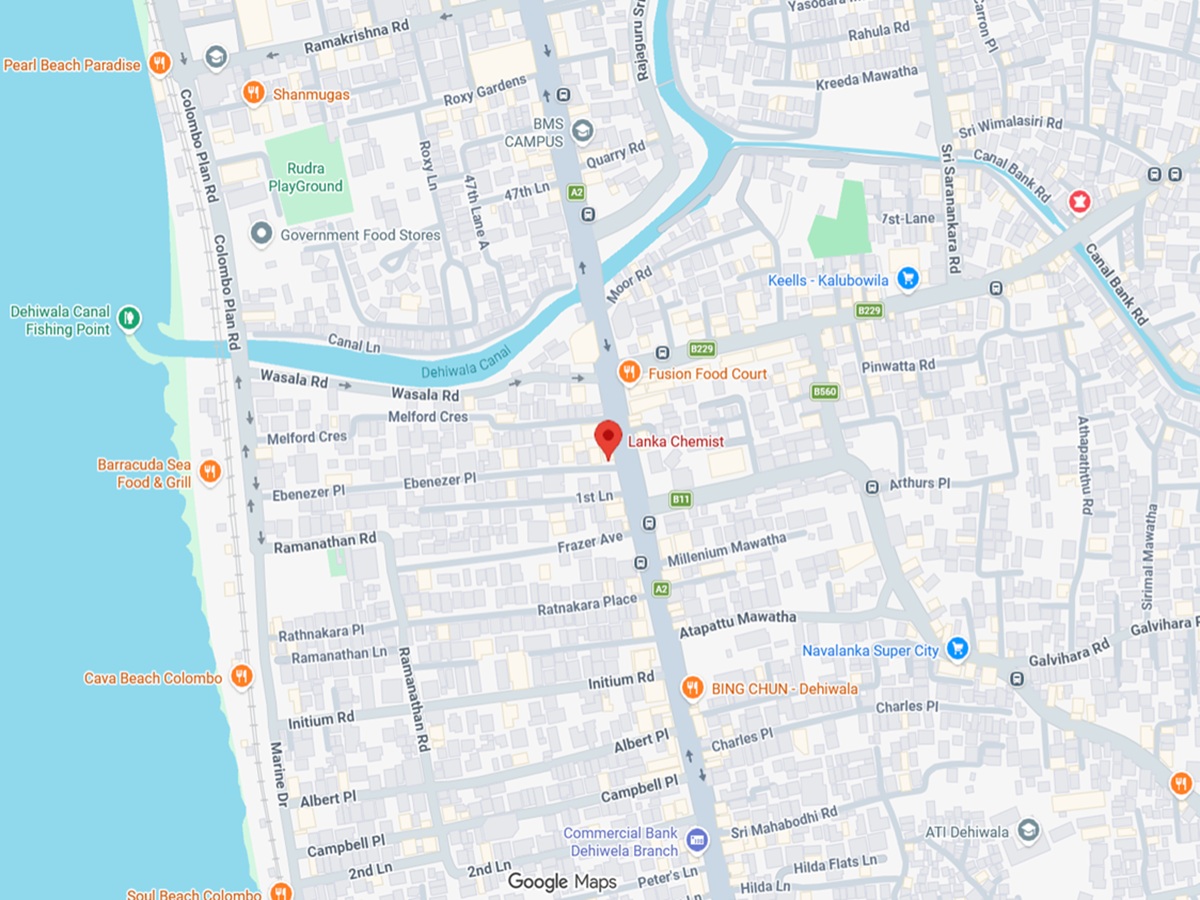 Map showing Lanka Chemist on Galle Road, Dehiwala